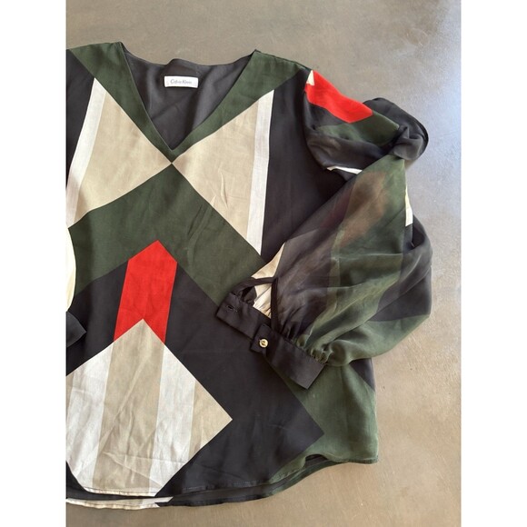 Calvin Klein Floral Blouse Tunic Top Size L Sheer Long Sleeve Green Orange Black - Picture 4 of 9